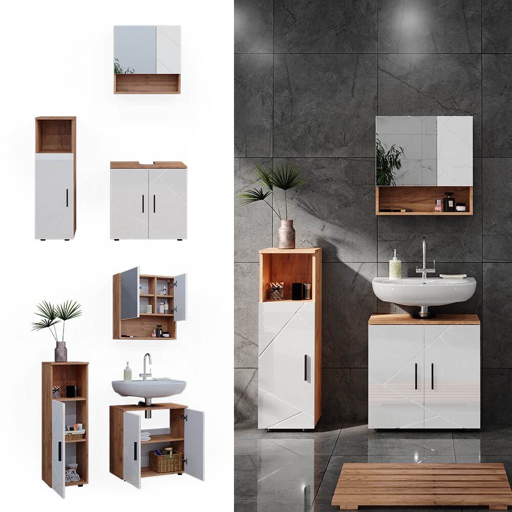 Vicco Badmöbelset Irma Eiche Weiß Hochglanz modern Badezimmerschrank Badschrank Badezimmermöbel Waschtischunterschrank Spiegelschrank Midischrank Schranktür Schrankfach | 04066731273386