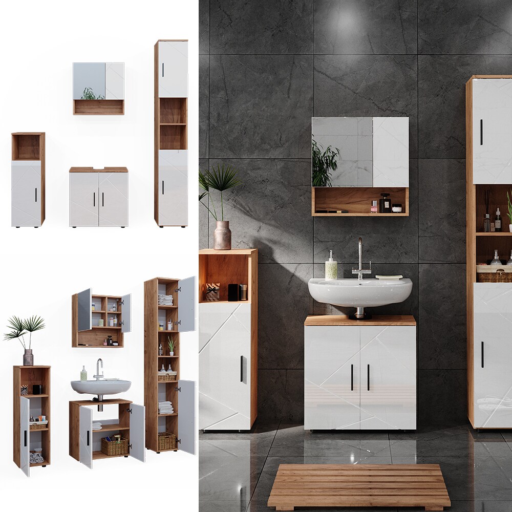 Vicco Badmöbelset Irma Eiche Weiß Hochglanz modern Badezimmerschrank Badschrank Badezimmermöbel Waschtischunterschrank Spiegelschrank Hochschrank Midischrank Schranktür Schrankfach