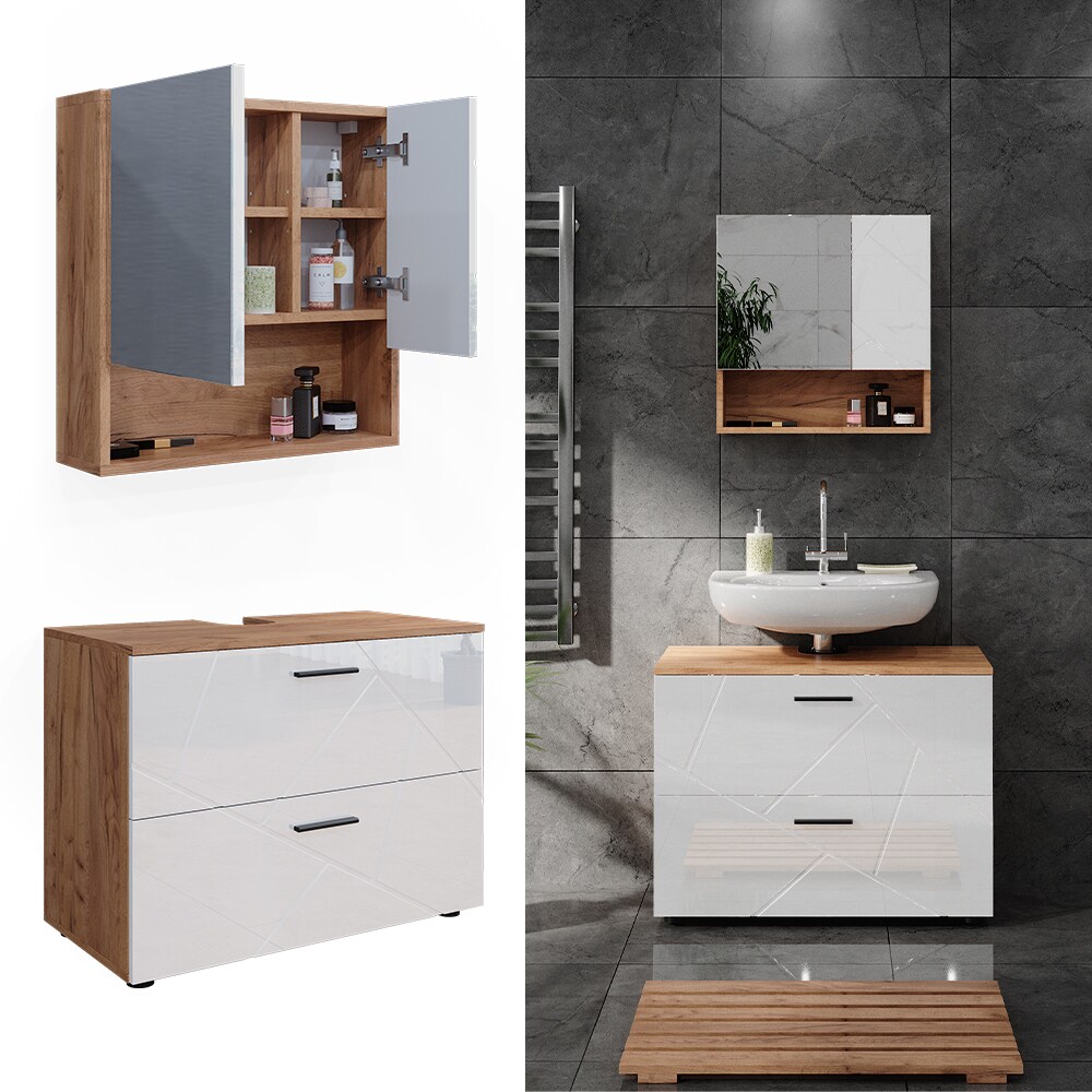 Vicco Badm&ouml;belset Irma Eiche Wei&szlig; Hochglanz modern Badezimmerschrank Badschrank Badezimmerm&ouml;bel Waschtischunterschrank Spiegelschrank Schrankschublade Schrankfach Schrankt&uuml;r - Bild 1