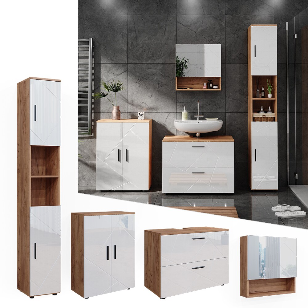 Vicco Badmöbelset Irma Eiche Weiß Hochglanz modern Badezimmerschrank Badschrank Badezimmermöbel Waschtischunterschrank Spiegelschrank Kommode Hochschrank Schrankschublade Schranktür Schrankfach | 04066731273331