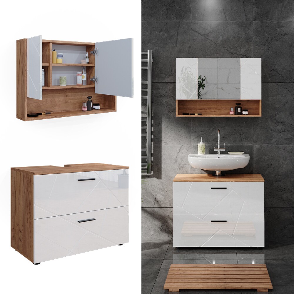 Vicco Badm&ouml;belset Irma Eiche Wei&szlig; Hochglanz modern 80 cm Badezimmerschrank Badschrank Badezimmerm&ouml;bel Waschtischunterschrank Spiegelschrank Schrankt&uuml;r Schrankfach Schrankschublade - Bild 1