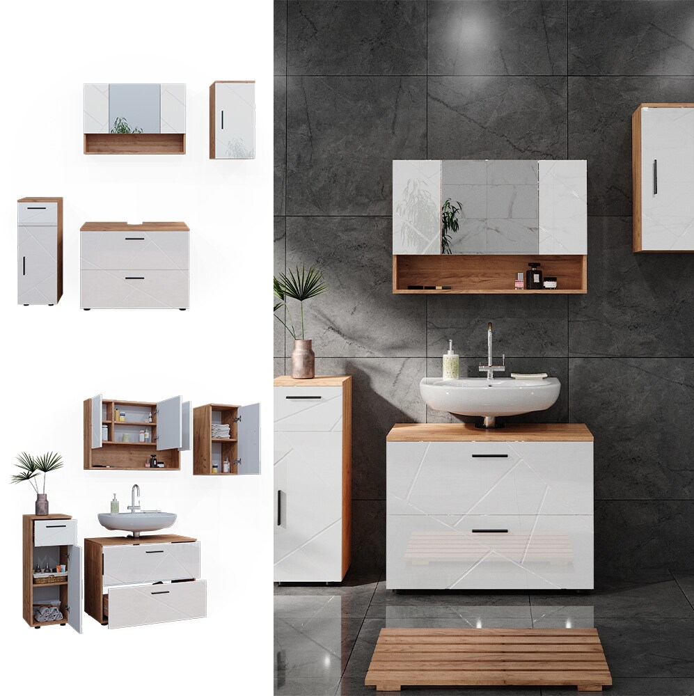 Vicco Badmöbelset Irma Eiche Weiß Hochglanz modern 80 cm 30 cm Badezimmerschrank Badschrank Badezimmermöbel Waschtischunterschrank Spiegelschrank Midischrank Hängeschrank Schranktür Schrankschublade