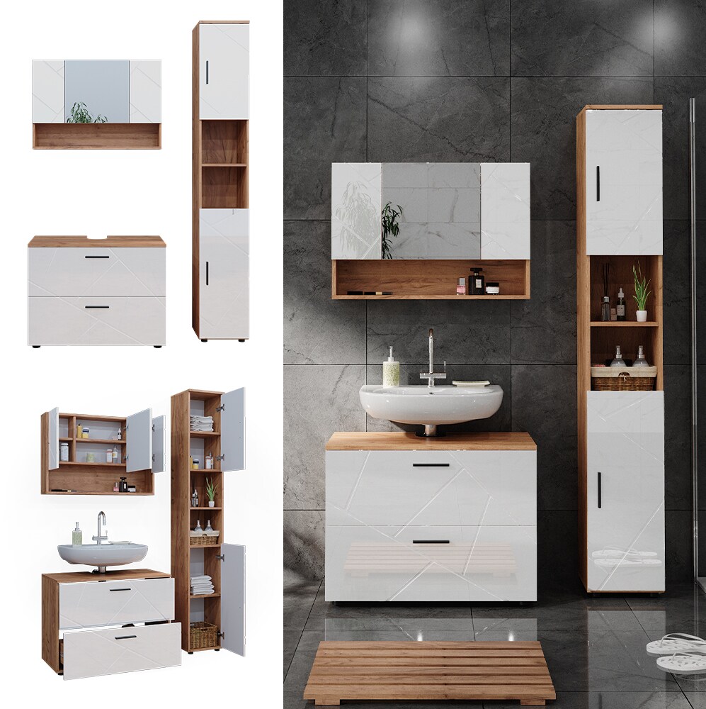 Vicco Badmöbelset Irma Eiche Weiß Hochglanz modern 80 cm 30 cm Badezimmerschrank Badschrank Badezimmermöbel Waschtischunterschrank Spiegelschrank Hochschrank Schranktür Schrankfach Schrankschublade