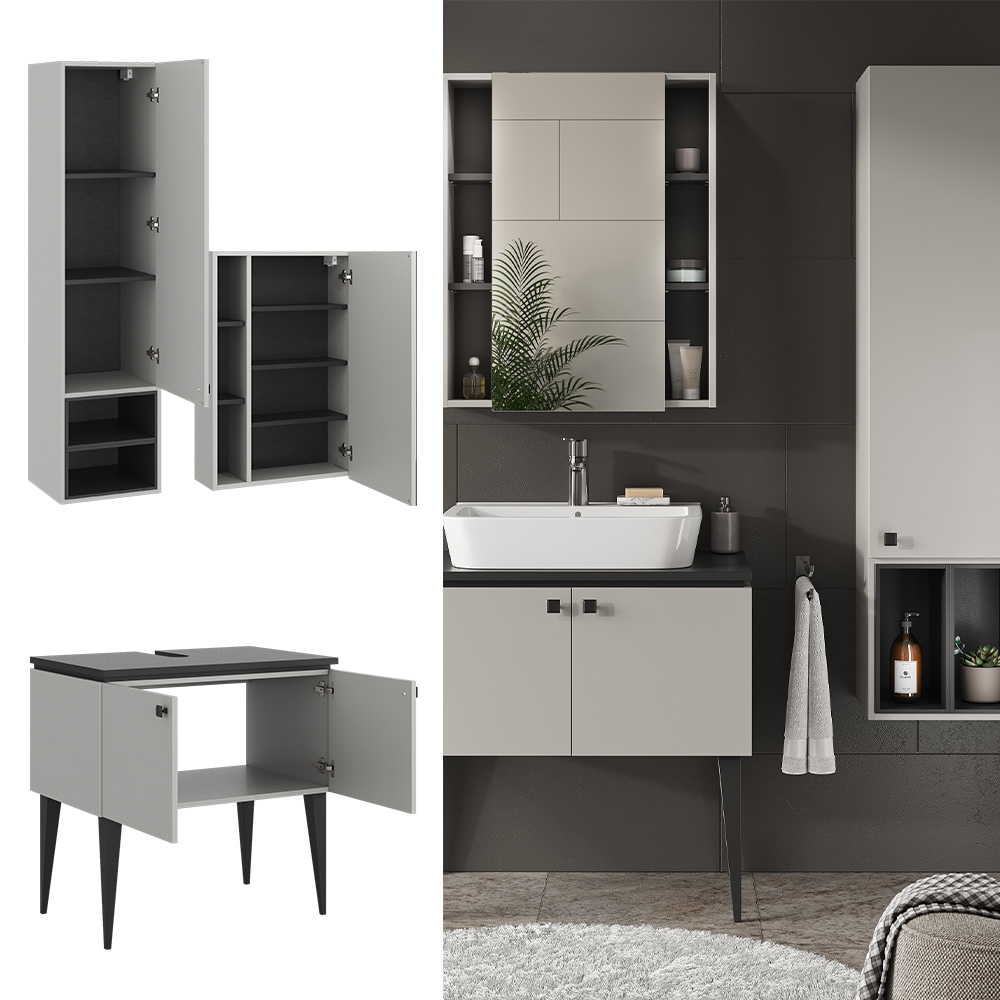 Vicco Badm&ouml;bel-Set Gerta in Grau-Schwarz, Badezimmer-Set, moderne Badserie, Spiegelschrank, Waschbeckenunterschrank, H&auml;ngeschrank mit 1 T&uuml;r - Bild 1