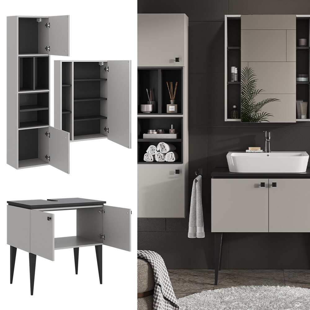 Vicco Badmöbel-Set Gerta in Grau-Schwarz, Badezimmer-Set, moderne Badserie, Spiegelschrank, Waschbeckenunterschrank, Hängeschrank mit 2 Türen | 04066731273645