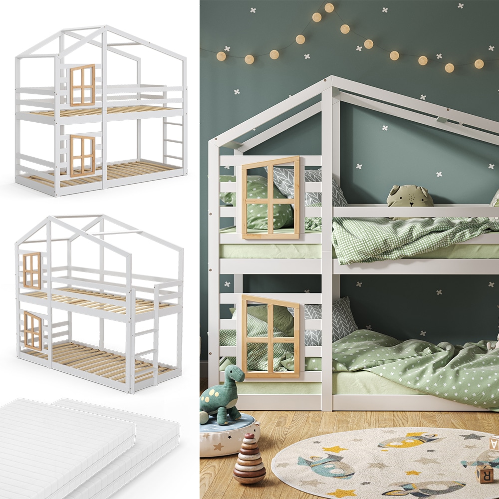 Vitalispa Doppelstockbett Maja 200 x 90 cm Wei&szlig; mit Leiter, Etagenbett, 2 Kinder, Matratze - Bild 1