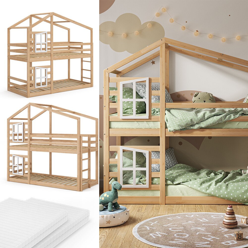 Vitalispa Doppelstockbett Maja 200 x 90 cm Natur mit Leiter, Etagenbett, 2 Kinder, Matratze - Bild 1