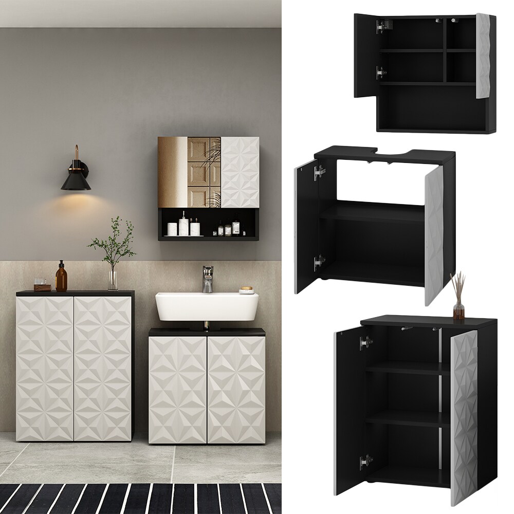Vicco Badmöbel-Set Badezimmer-Möbel Bad-Schrank Edge Schwarz Weiß modern Badezimmerschrank Waschbeckenunterschrank Spiegelschrank Badezimmerkommode
