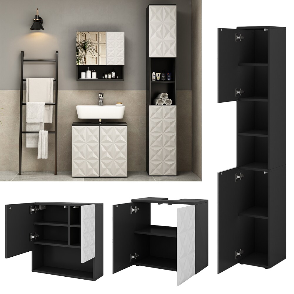 Vicco Badmöbel-Set Badezimmer-Möbel Bad-Schrank Edge Schwarz Weiß modern Badezimmerschrank Waschbeckenunterschrank Spiegelschrank Hochschrank Badezimmerkommode