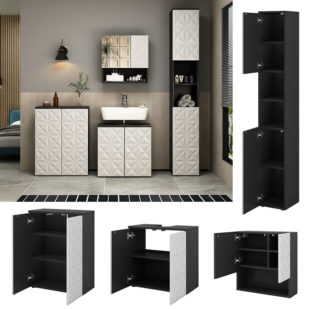 Vicco Badmöbel-Set Badezimmer-Möbel Bad-Schrank Edge Schwarz Weiß modern Badezimmerschrank Waschbeckenunterschrank Spiegelschrank Hochschrank Badezimmerkommode