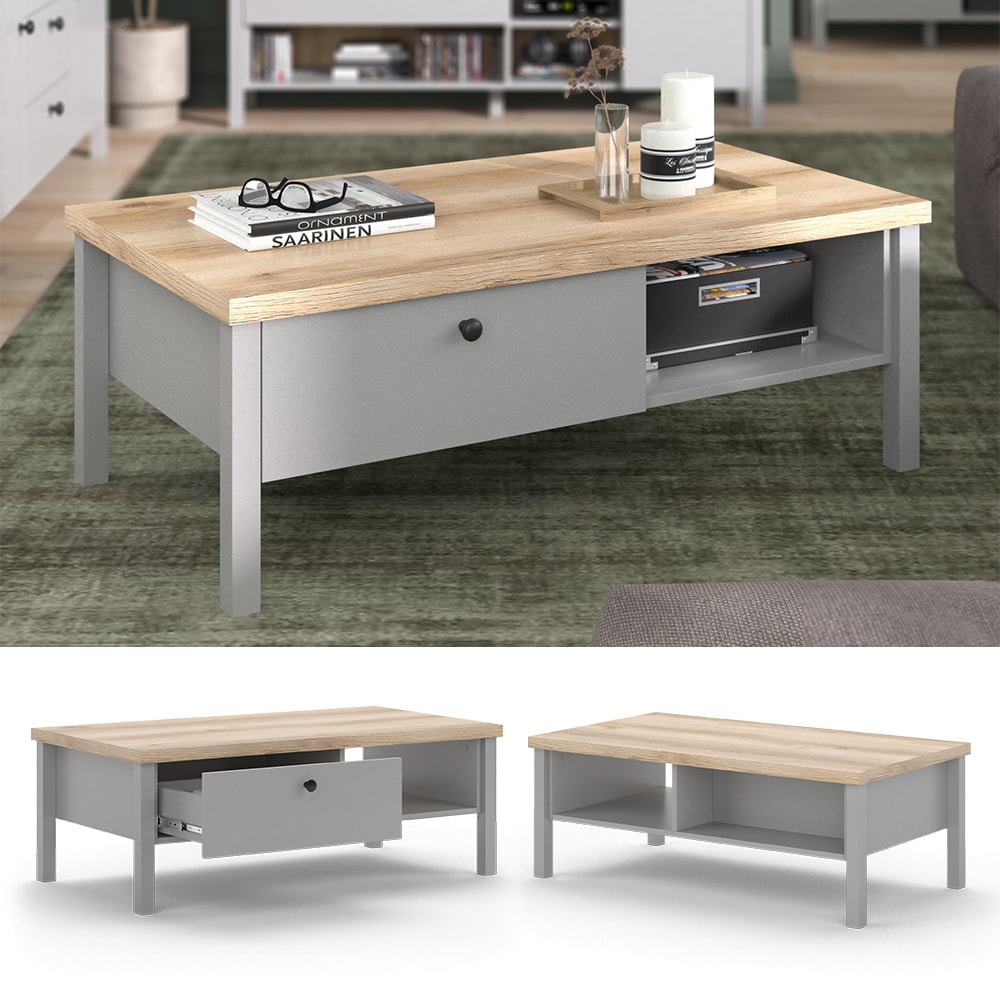 Vicco Couchtisch Melini 110 x 41 cm, Grau Eiche, 1 Schublade und Fach, Wohnzimmer - Bild 1