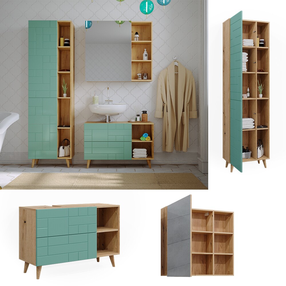 Vicco Badm&ouml;bel-Set Rudi in Eiche Evoke Mintgr&uuml;n, Badezimmer, moderne Badserie Waschbeckenunterschrank Spiegelschrank Hochschrank - Bild 1