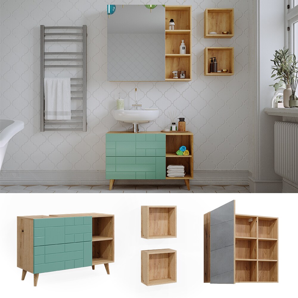 Vicco Badm&ouml;bel-Set Rudi in Eiche Evoke Mintgr&uuml;n, Badezimmer, moderne Badserie Waschbeckenunterschrank Spiegelschrank Wandregal - Bild 1