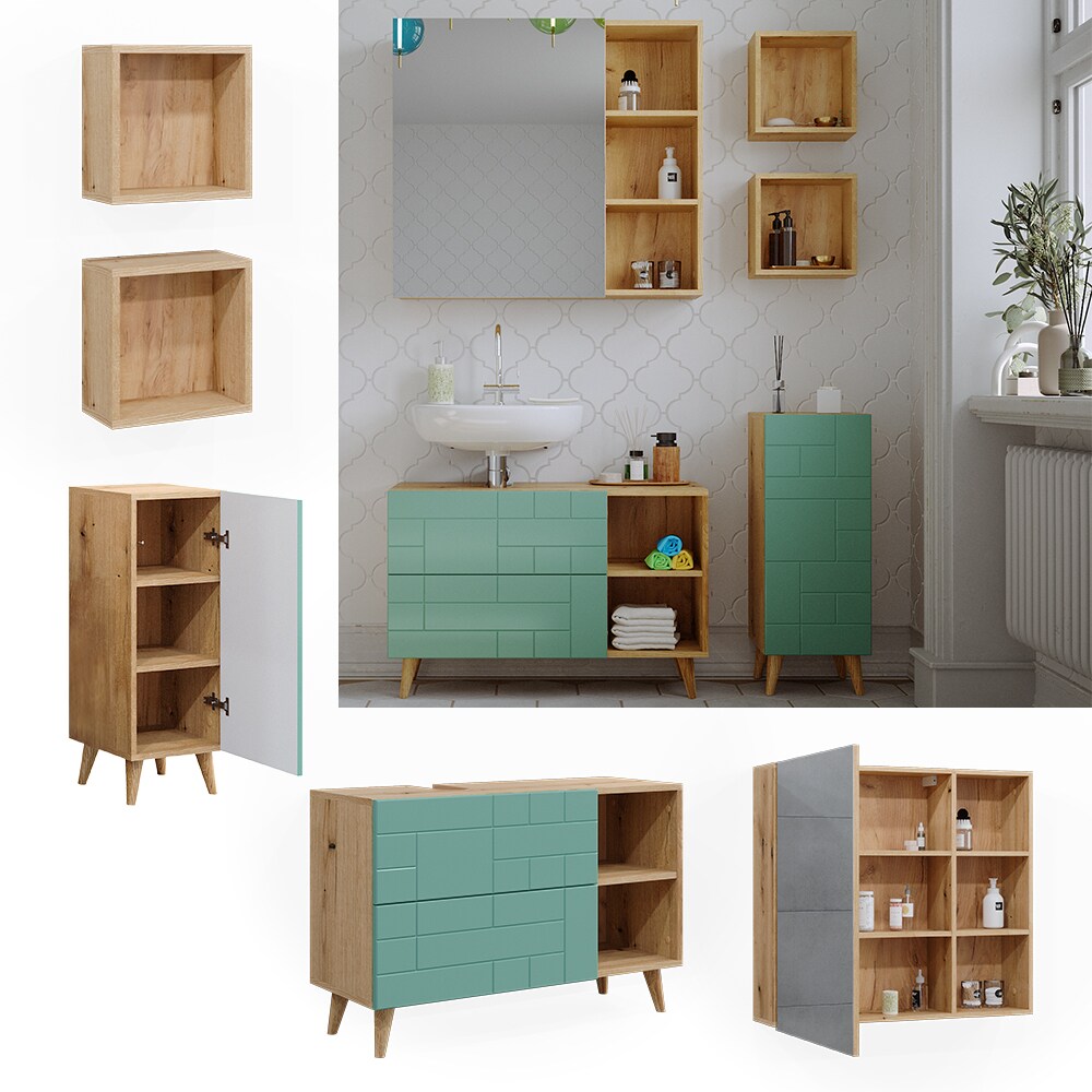Vicco Badm&ouml;bel-Set Rudi in Eiche Evoke Mintgr&uuml;n, Badezimmer, moderne Badserie Waschbeckenunterschrank Spiegelschrank Midischrank Wandregal - Bild 1