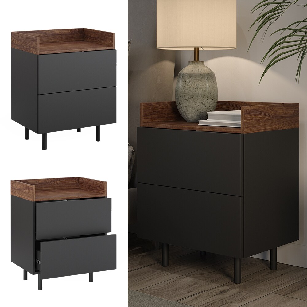 Vicco Nachttisch Anika, 54 x 68 cm, Anthrazit Walnussbraun mit 2 Schubfächer | 04066731330454