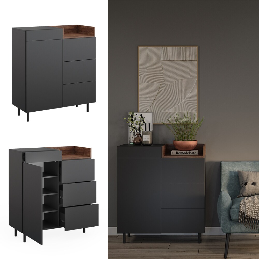 Vicco Kommode Anika, 89 x 100 cm, Anthrazit Walnussbraun mit Tür, 4 Schubfächer | 04066731330478