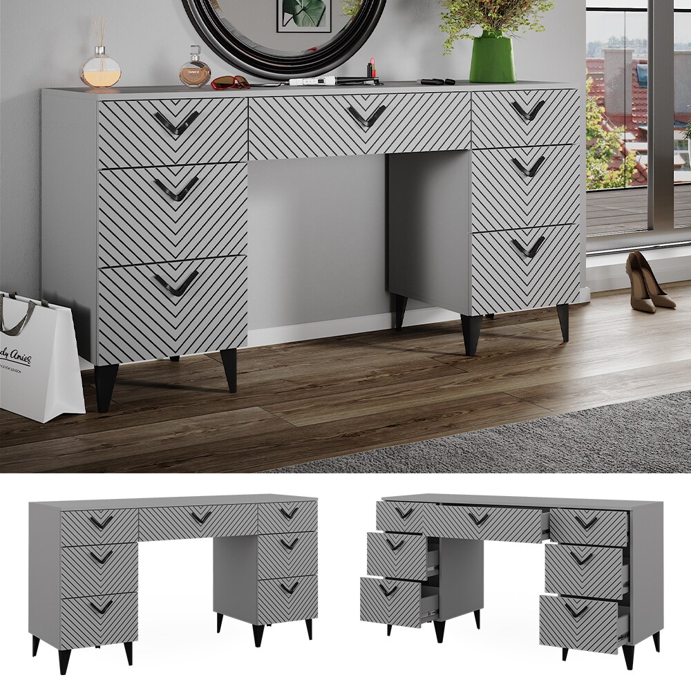 Vicco Schminktisch Anett Grau, 150 x 78 cm, Frisiertisch, 7 Schubladen, Siebdruck - Bild 1