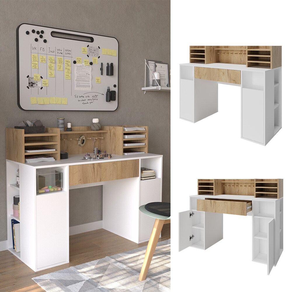 Vicco Schreibtisch Basteltisch XL 126,8 x 100 cm, Weiß Sonoma mit Regale, Schubfach | 04066731331550
