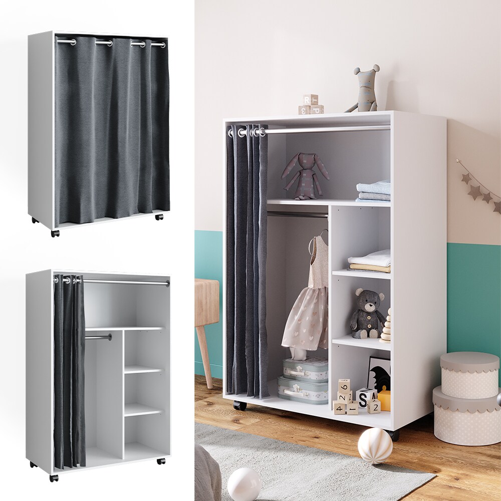 Vicco mobiler Kinderkleiderschrank Dielenschrank Garderobe Doros Weiß modern 100 x 147 cm offen rollbar