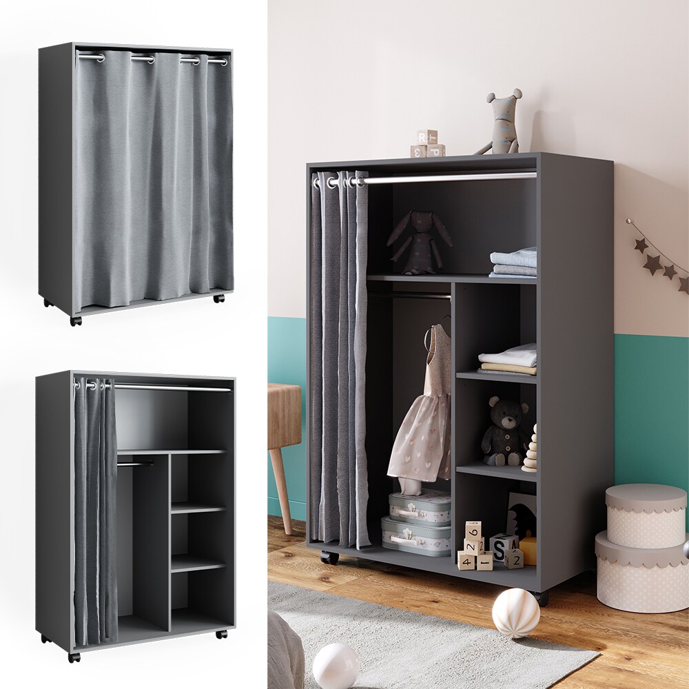 Vicco mobiler Kinderkleiderschrank Dielenschrank Garderobe Doros Grau modern 100 x 147 cm offen rollbar - Bild 1