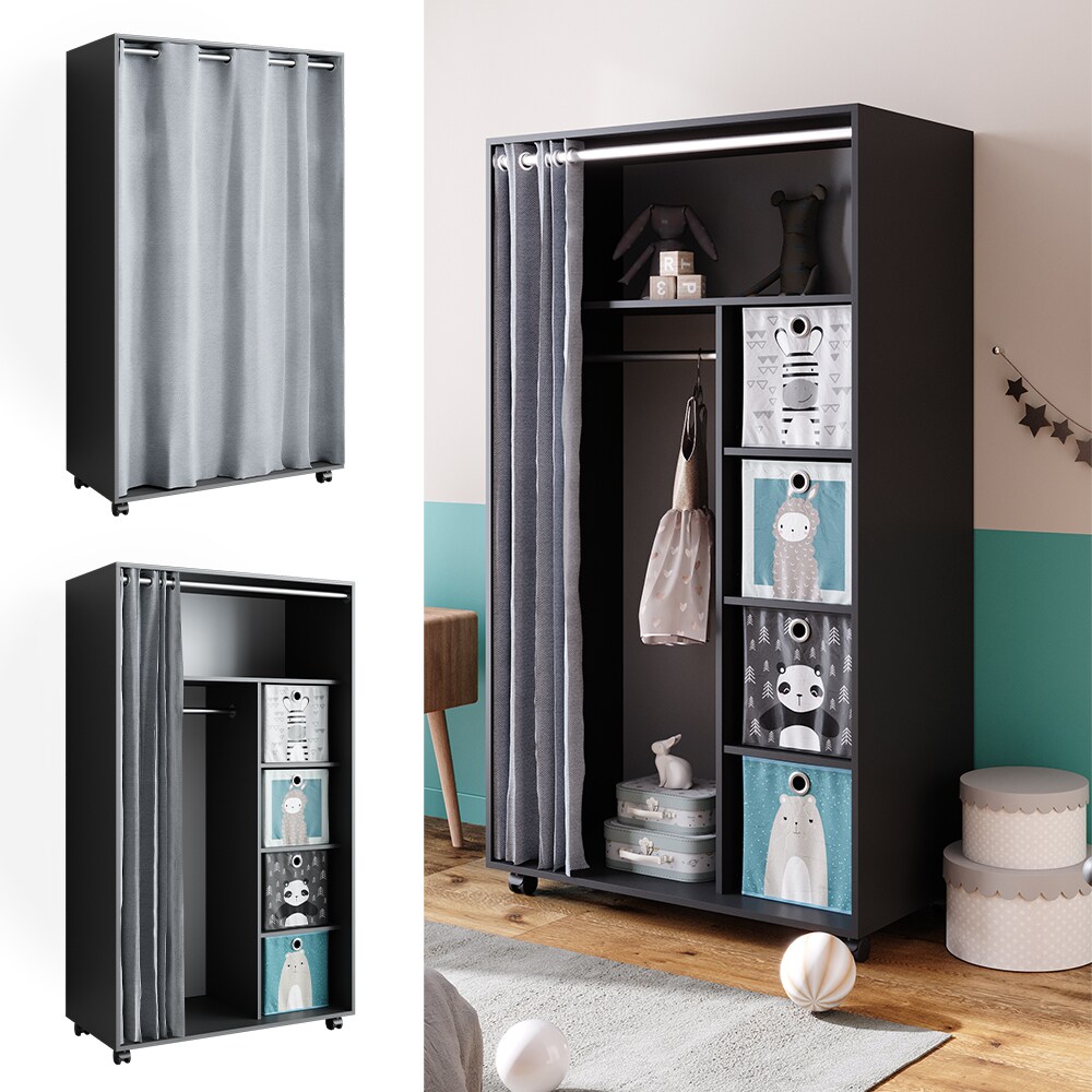 Vicco mobiler Kinderkleiderschrank Dielenschrank Garderobe Doros Grau modern 100 x 168 cm Faltboxen offen rollbar