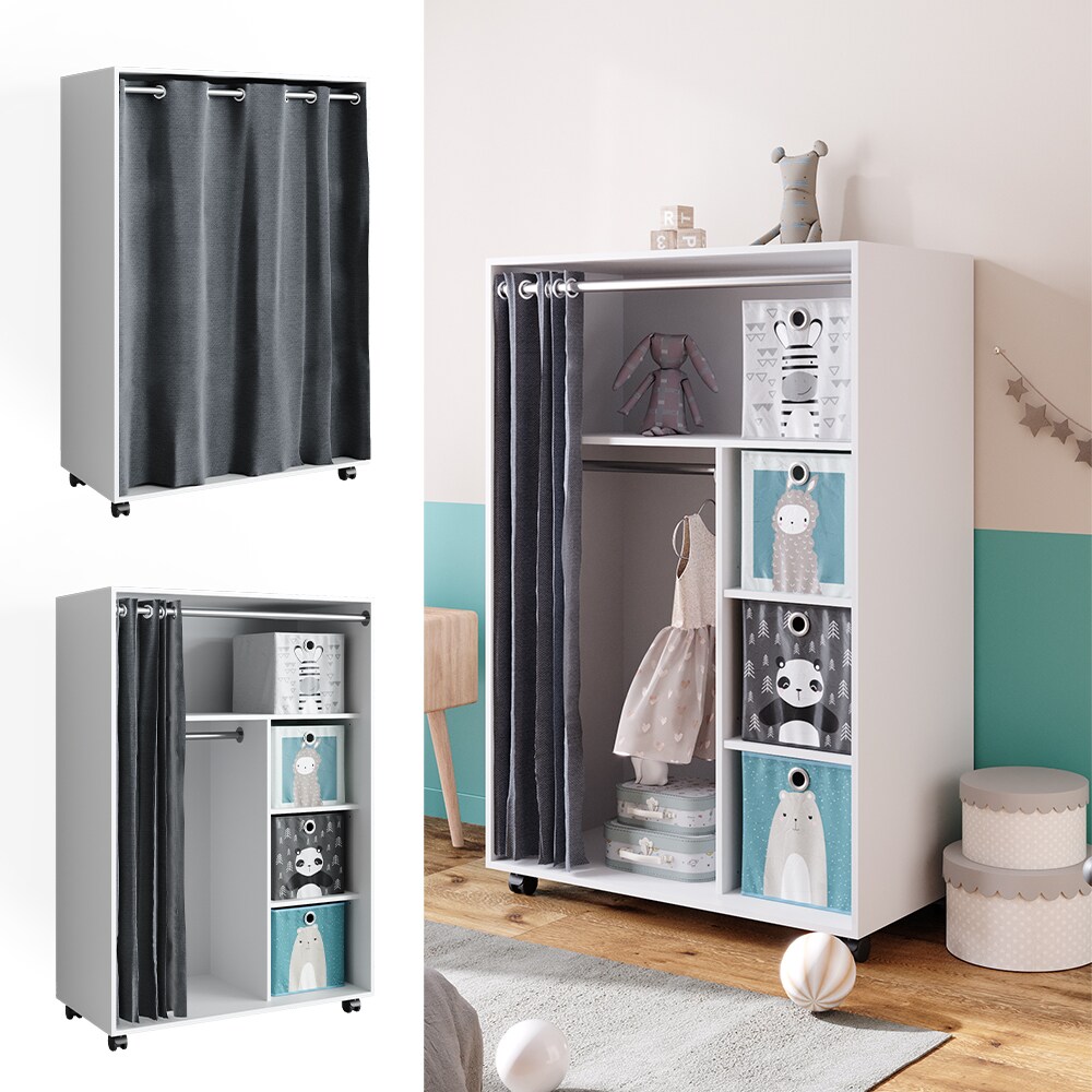 Vicco mobiler Kinderkleiderschrank Dielenschrank Garderobe Doros Weiß modern 100 x 147 cm Faltboxen offen rollbar
