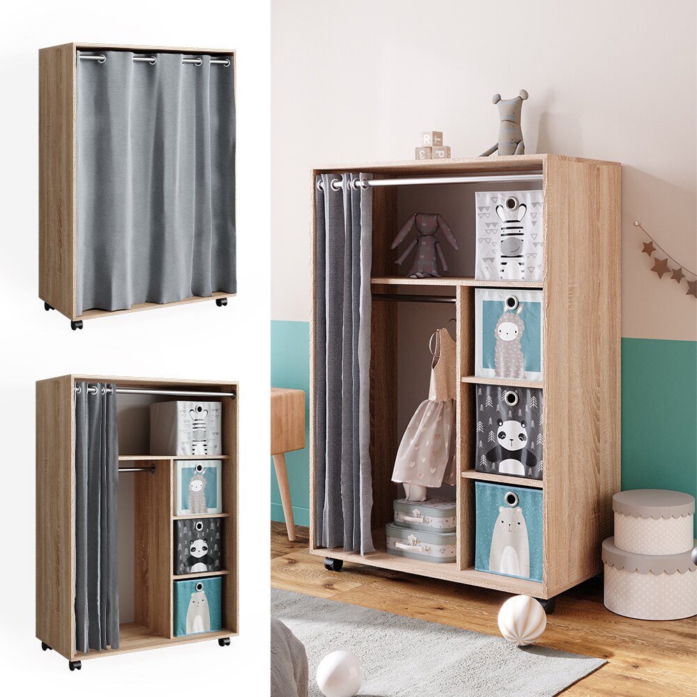 Vicco mobiler Kinderkleiderschrank Dielenschrank Garderobe Doros Sonoma modern 100 x 147 cm Faltboxen offen rollbar - Bild 1