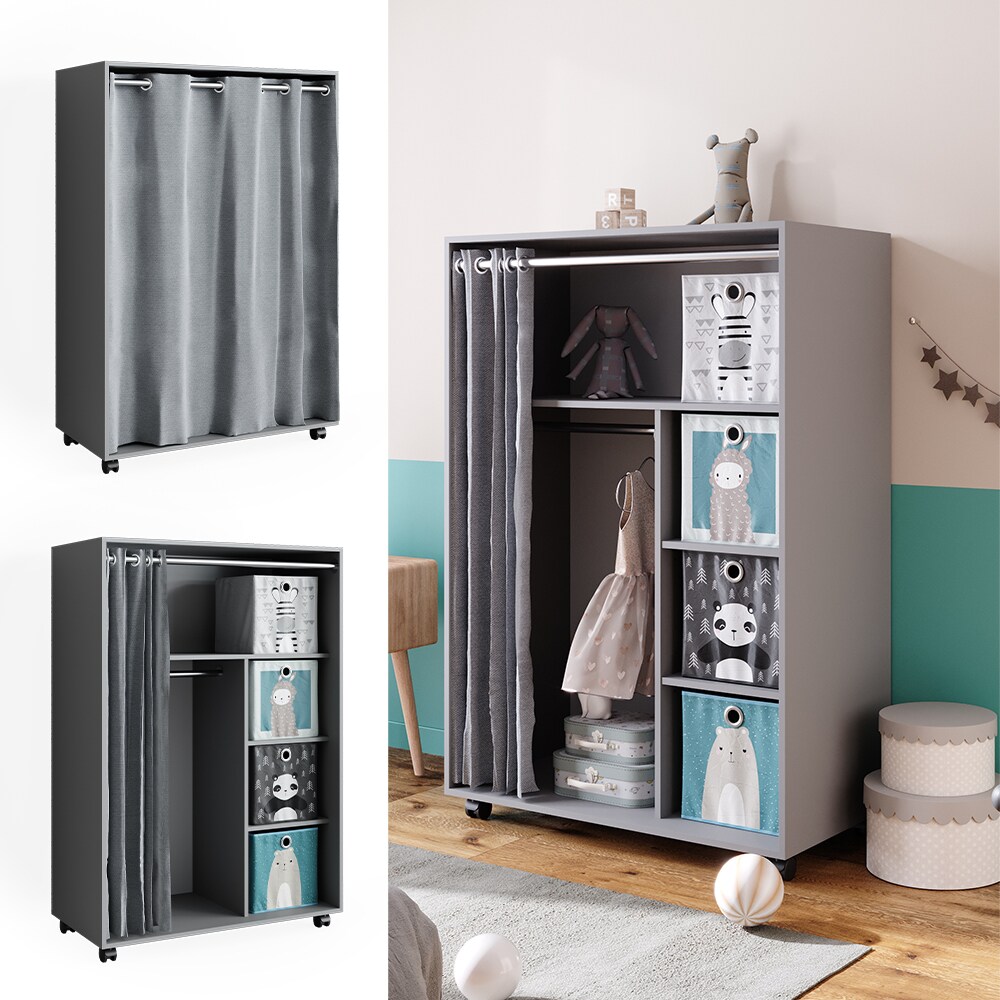 Vicco mobiler Kinderkleiderschrank Dielenschrank Garderobe Doros Grau modern 100 x 147 cm Faltboxen offen rollbar