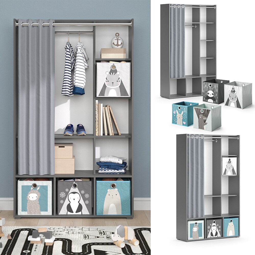 Vicco Kinderkleiderschrank Kinderzimmerschrank Kindergarderobe Luigi Grau Faltbox 106 x 178 cm modern Schrankregal Jugendzimmerschrank Organizer Vorhang Kleiderstange Fächer Aufbewahrung Spielzeugablage