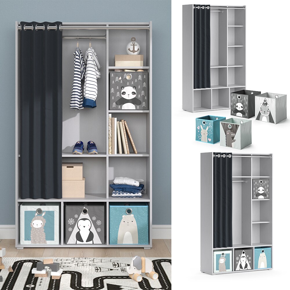 Vicco Kinderkleiderschrank Kinderzimmerschrank Kindergarderobe Luigi Hellgrau Faltbox 106 x 178 cm modern Schrankregal Jugendzimmerschrank Organizer Vorhang Kleiderstange F&auml;cher Aufbewahrung Spielzeugablage - Bild 1