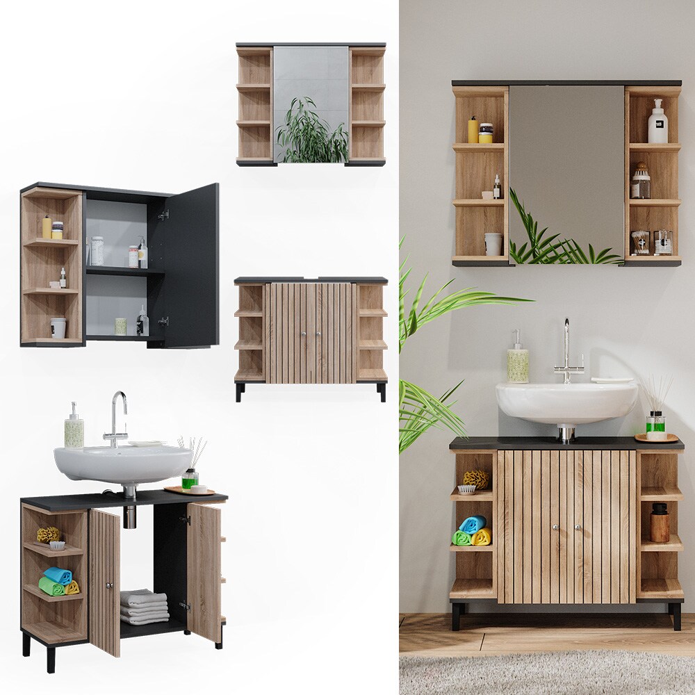 Vicco Badmöbel-Set Aquis, Sonoma Anthrazit, Badezimmer, moderne Badserie, Waschtischunterschrank, Spiegelschrank | 04066731276844