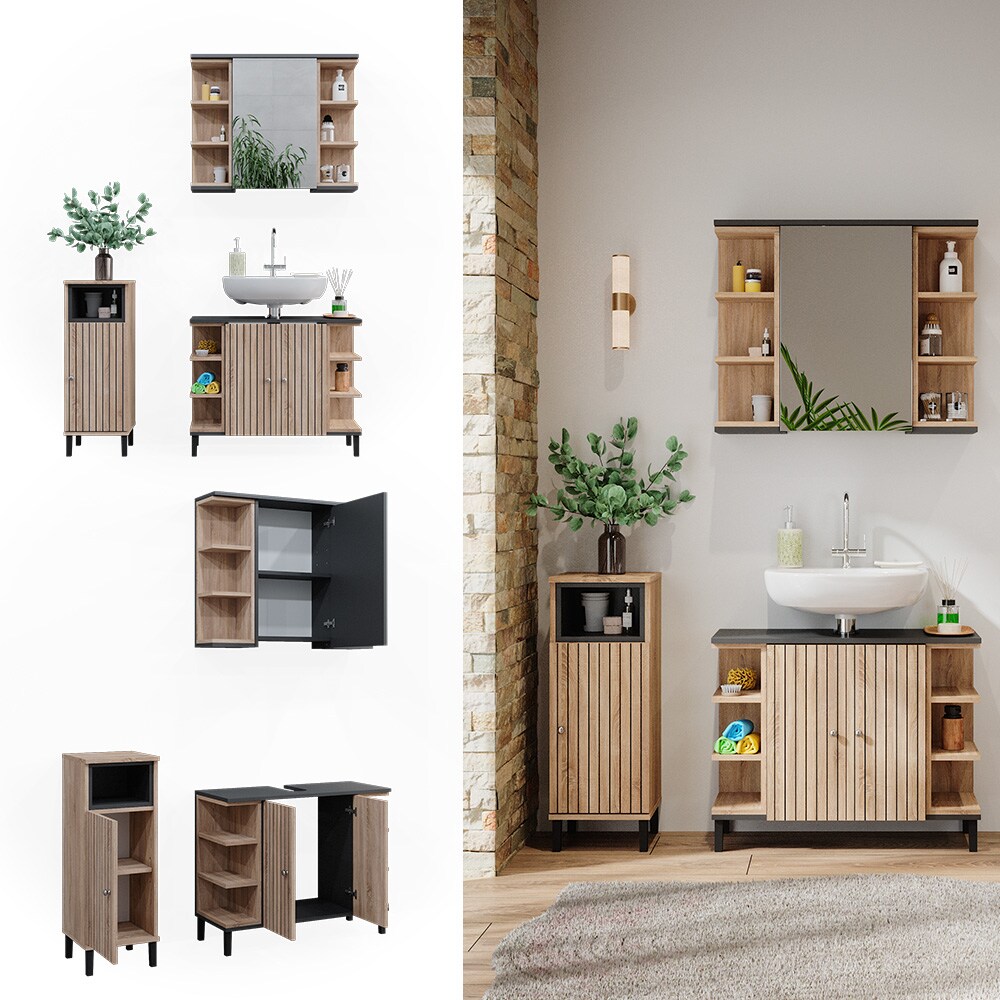 Vicco Badmöbel-Set Aquis, Sonoma Anthrazit, Badezimmer, moderne Badserie, Waschtischunterschrank, Spiegelschrank, Midischrank | 04066731276851