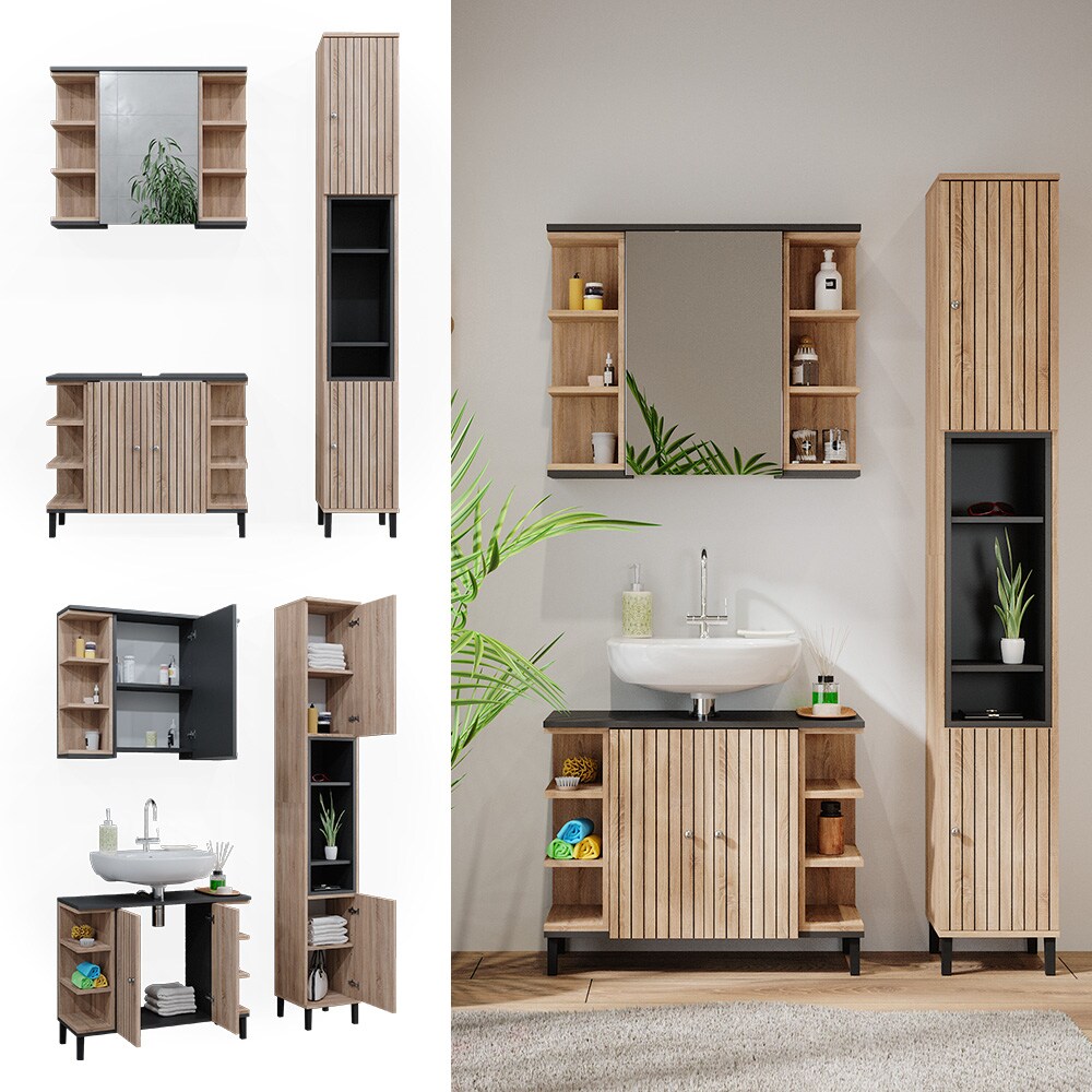 Vicco Badmöbel-Set Aquis, Sonoma Anthrazit, Badezimmer, moderne Badserie, Waschtischunterschrank, Spiegelschrank, Hochschrank | 04066731276868