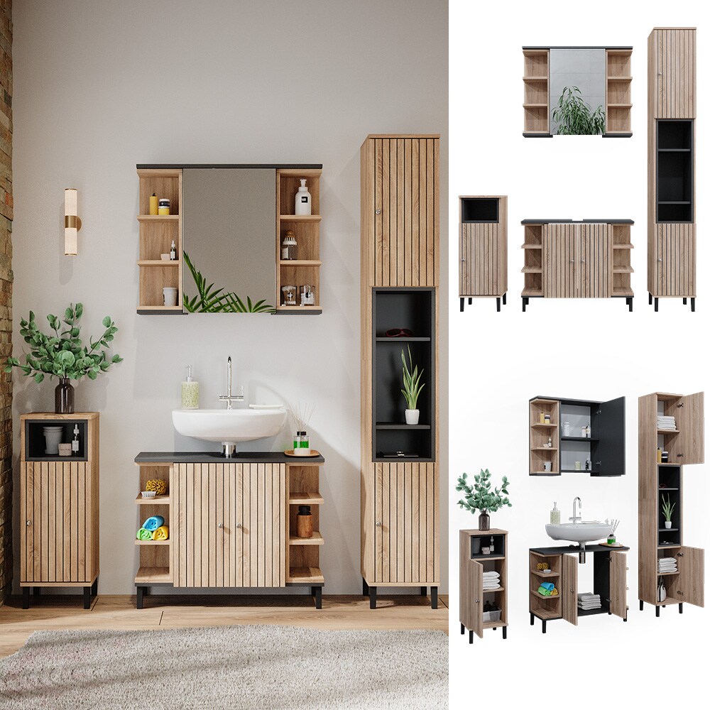 Vicco Badm&ouml;bel-Set Aquis, Sonoma Anthrazit, Badezimmer, moderne Badserie, Waschtischunterschrank, Spiegelschrank, Midischrank, Hochschrank - Bild 1