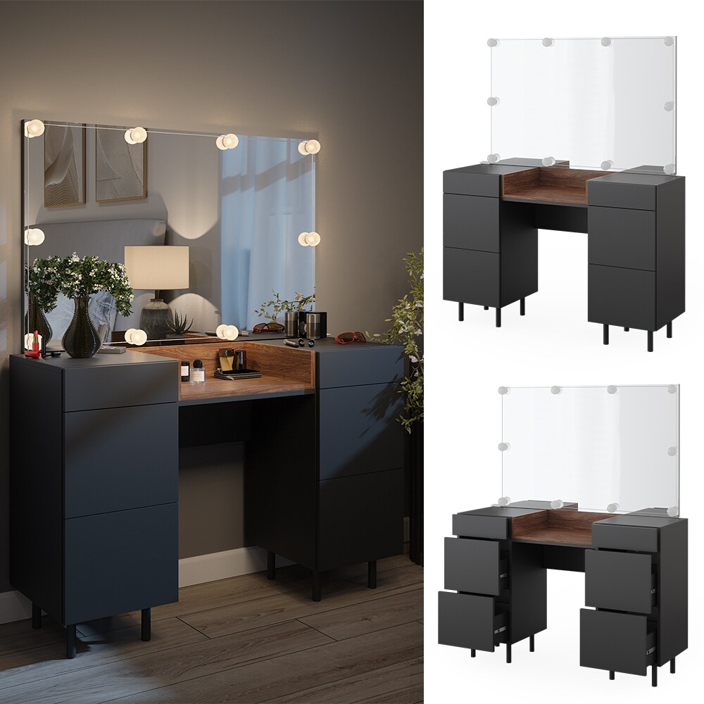 Vicco Schminktisch Anika mit Spiegel, LED-Lampen, 120 x 80 cm, Anthrazit Walnussbraun Schlafzimmer - Bild 1