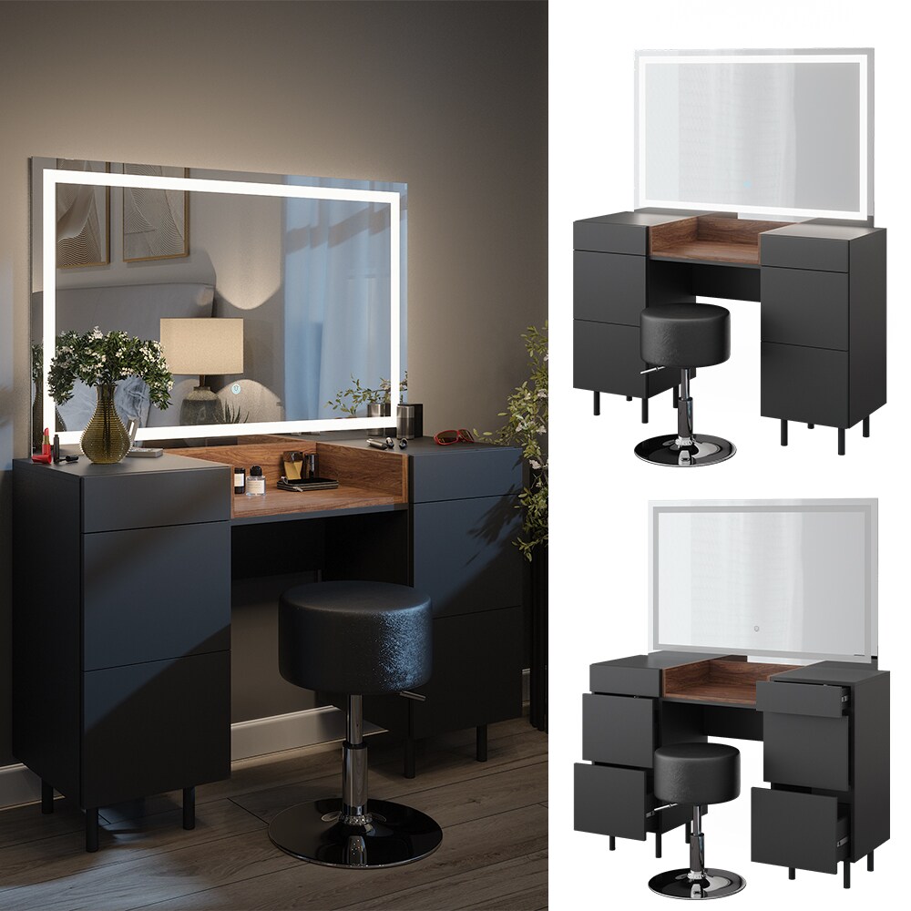Vicco Schminktisch Anika 120 x 80 cm mit LED-Spiegel & Hocker, Anthrazit Walnussbraun, 6 Schubladen, Schlafzimmer - Bild 1
