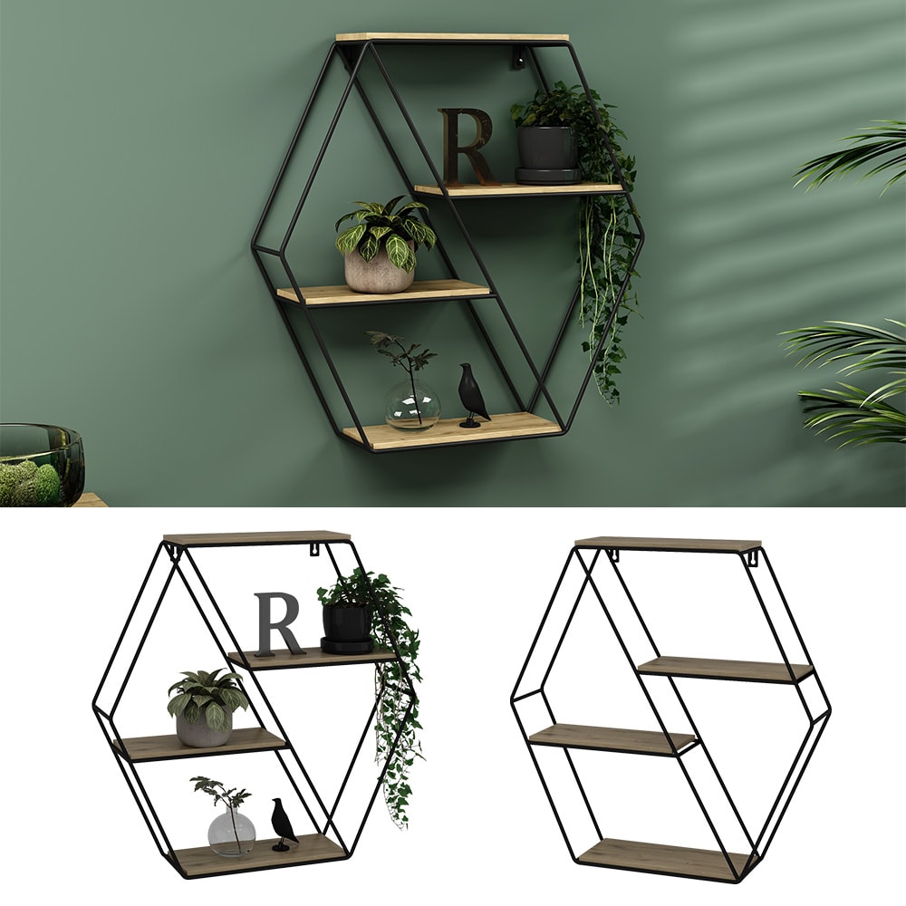 Vicco Wandregal Fyrk, hexagon, 51 x 52 cm, Eiche Schwarz, Metall, H&auml;ngeregal, Industrial - Bild 1