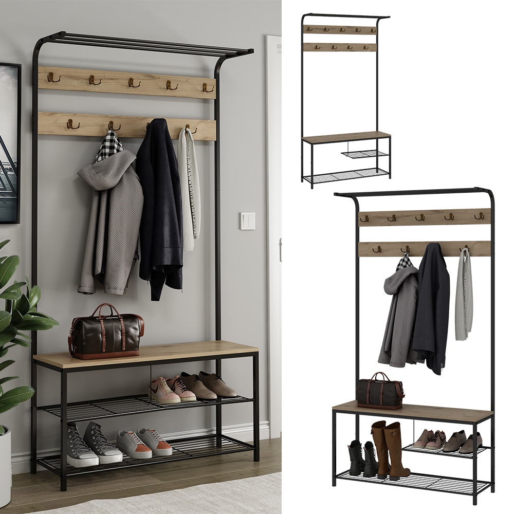 Vicco Garderobe Fyrk, 100 x 190 cm, Eiche Schwarz, Ablage, Bank & Schuhregal, Industrial - Bild 1
