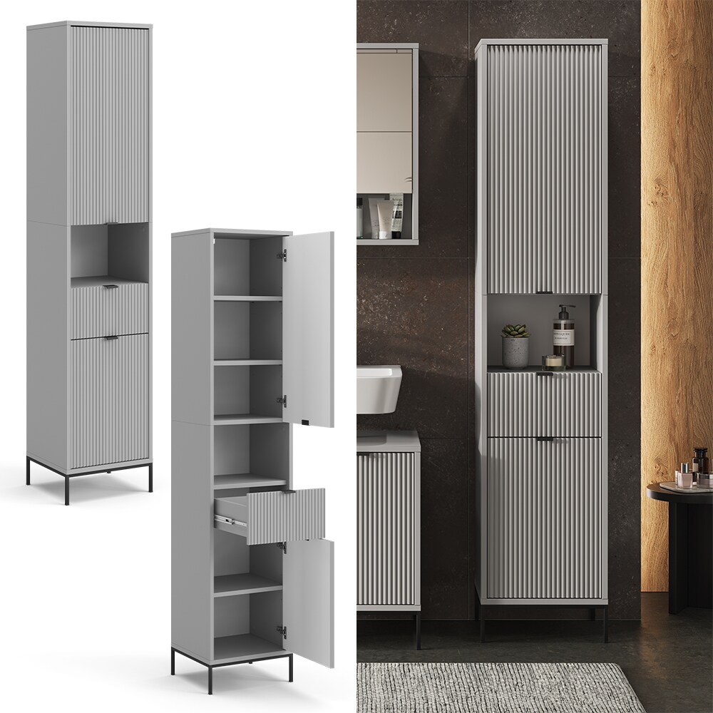 Vicco Hochschrank Eliza 40 x 190 cm, Grau, Badezimmer, modernes Design, mit Türen | 04066731326228
