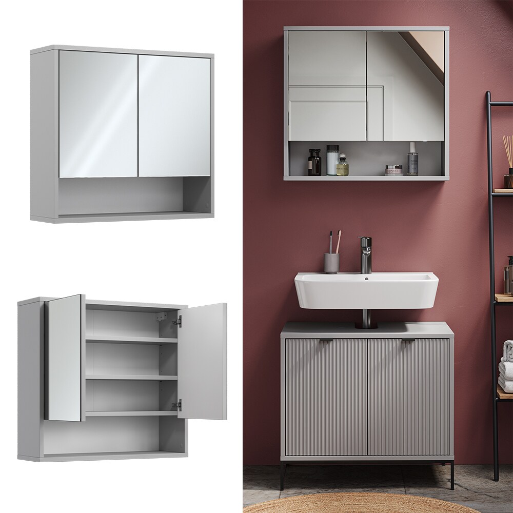 Vicco Spiegelschrank für Badezimmer Eliza 70 x 65 cm, Grau, Badezimmer, Ablage | 04066731326266