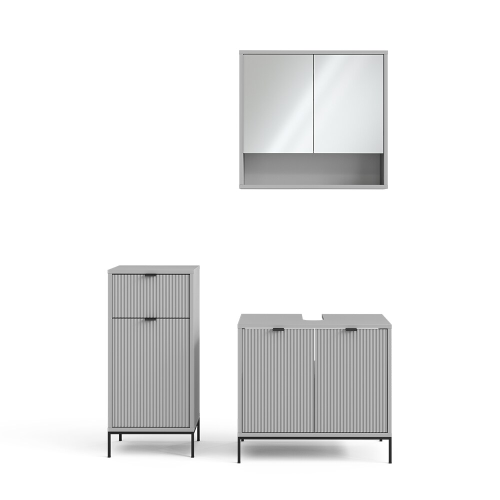 Vicco Badmöbel-Set Eliza, Grau, Badezimmer, moderne Badserie, extravagante Fronten, Waschtischunterschrank, Spiegelschrank, Midischrank