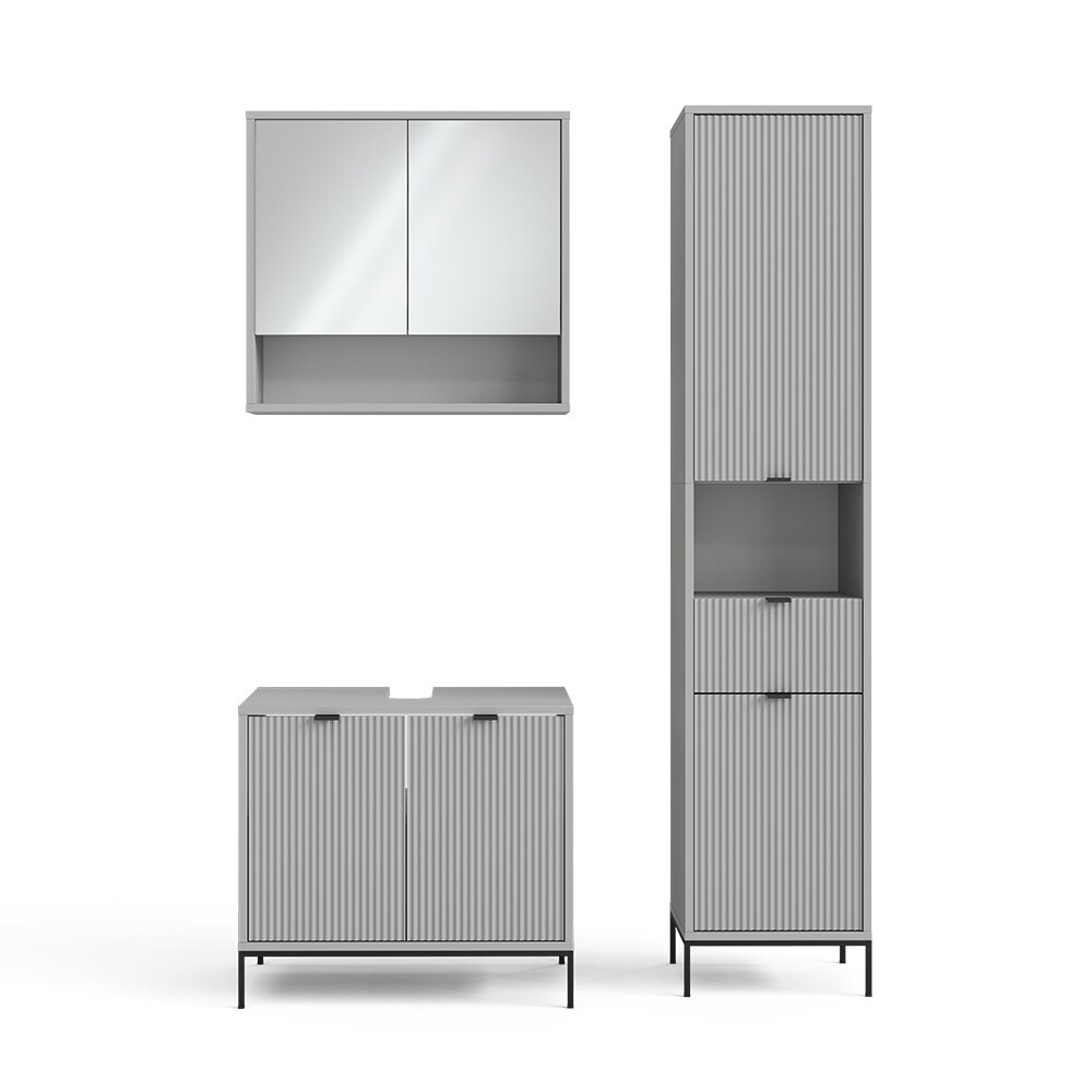 Vicco Badmöbel-Set Eliza, Grau, Badezimmer, moderne Badserie, extravagante Fronten, Waschtischunterschrank, Spiegelschrank, Hochschrank