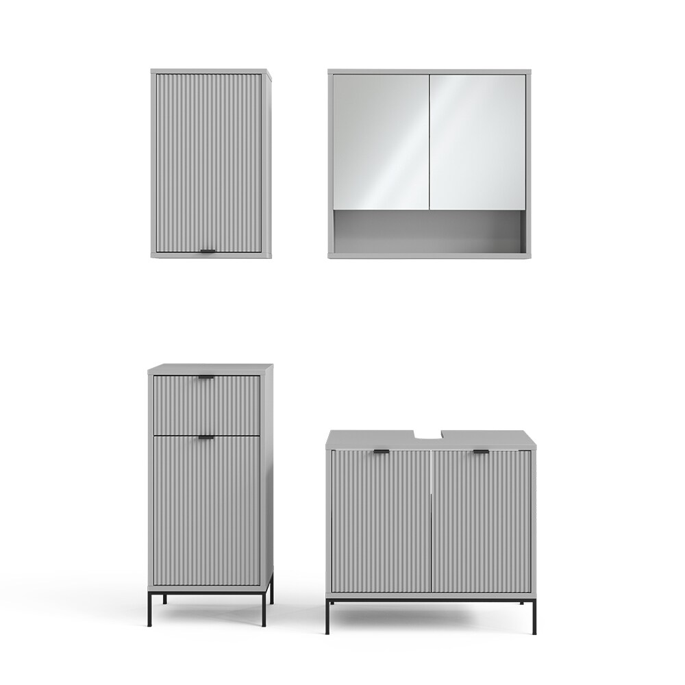 Vicco Badmöbel-Set Eliza, Grau, Badezimmer, moderne Badserie, extravagante Fronten, Waschtischunterschrank, Spiegelschrank, Midischrank, Hängeschrank