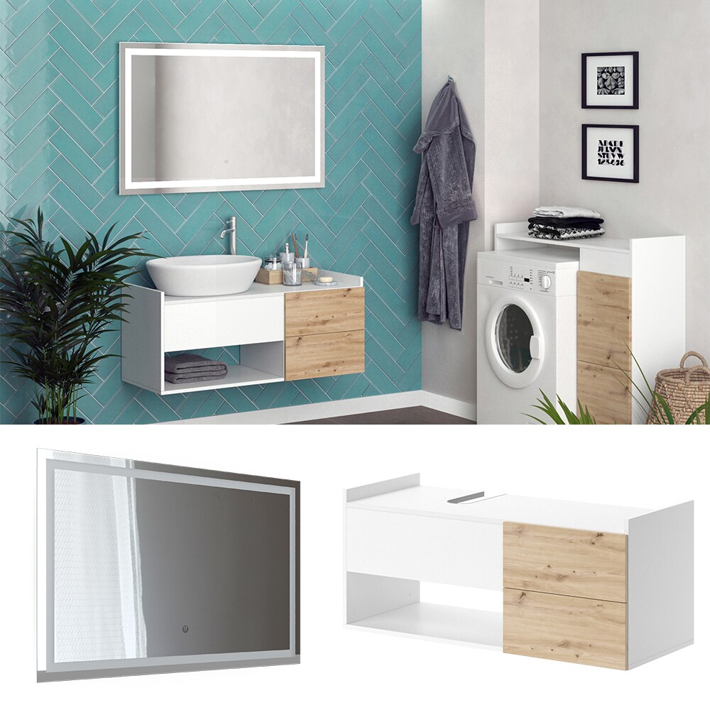 Vicco Badmöbel-Set Alf, Weiß Artisan Eiche, Badezimmer, moderne Badserie, Waschtischunterschrank, LED-Spiegel | 04066731326440