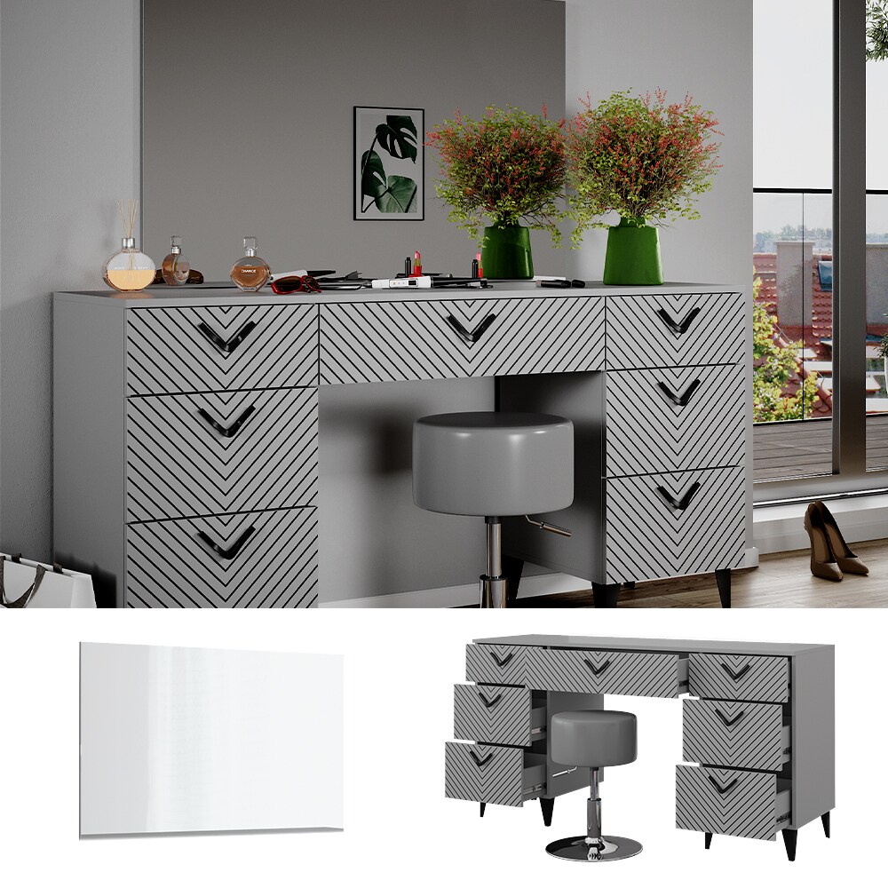 Vicco Schminktisch Anett Grau mit Spiegel und Hocker, 150 x 78 cm, Frisiertisch - Bild 1