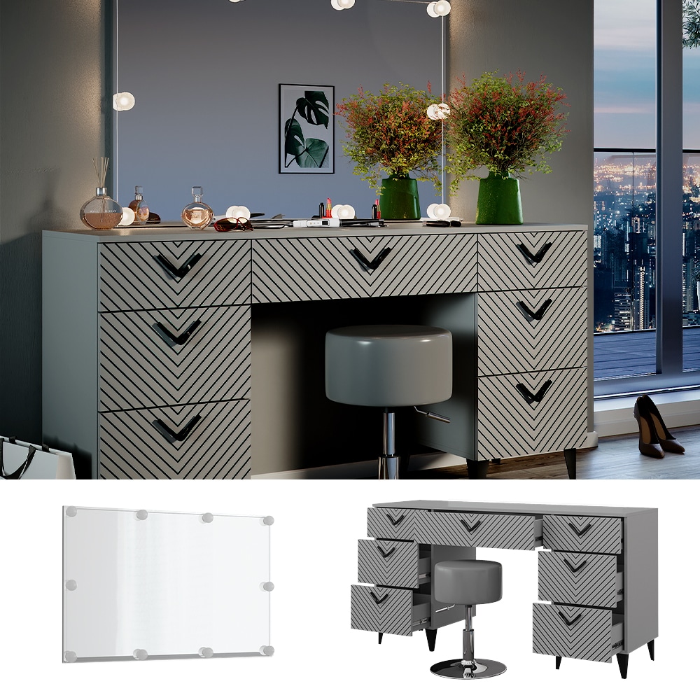 Vicco Schminktisch Anett Grau mit Spiegel, Hocker und LED-Lampen, 150 x 78 cm - Bild 1