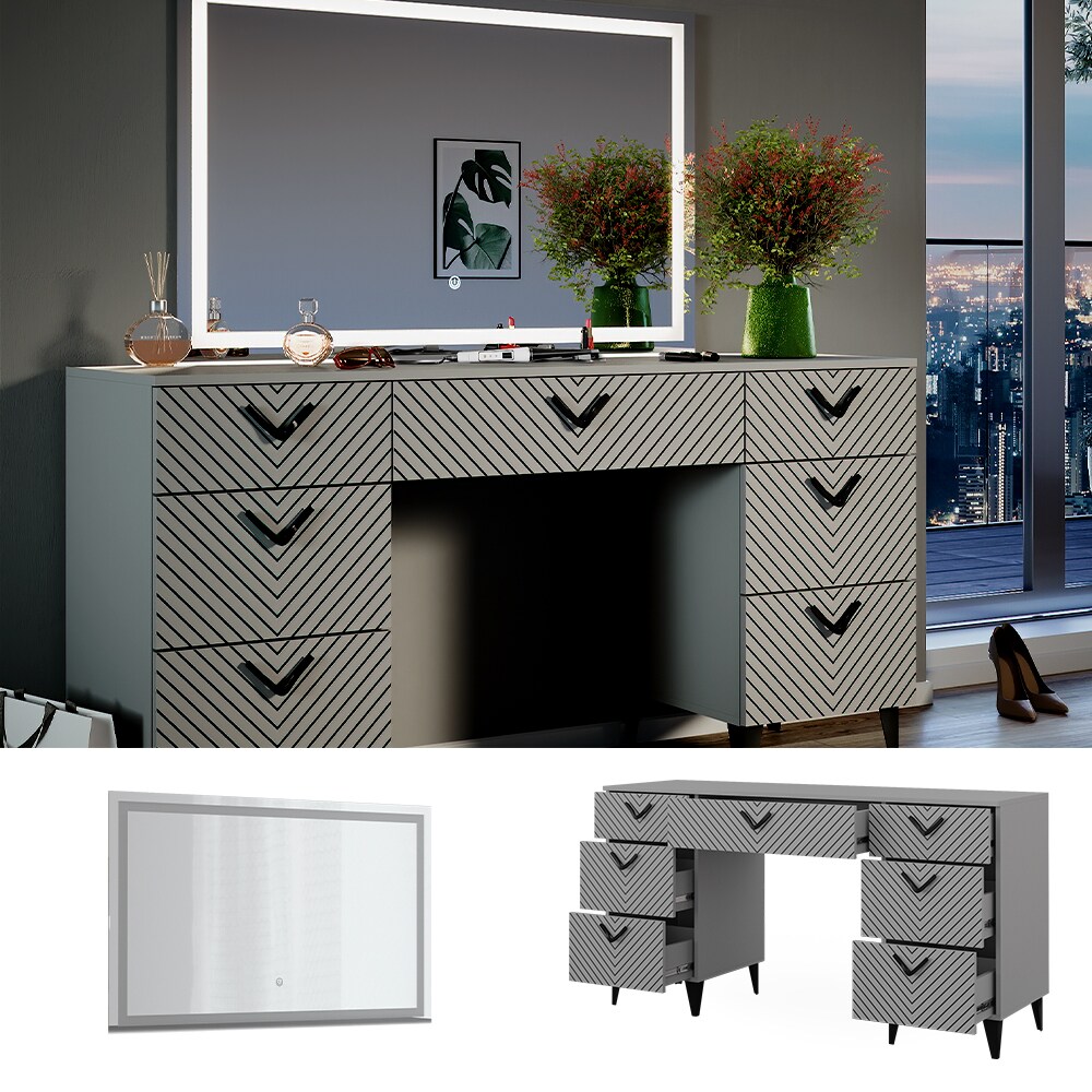 Vicco Schminktisch Anett Grau mit LED-Spiegel, 150 x 78 cm, 7 Schubladen | 04066731326532
