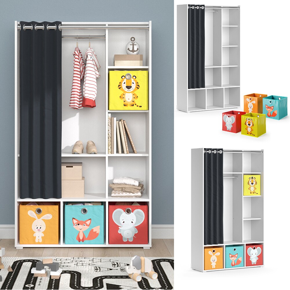 Vicco Kinderkleiderschrank Kinderzimmerschrank Kindergarderobe Luigi Weiß Faltbox 106 x 178 cm modern Schrankregal Jugendzimmerschrank Organizer Vorhang Kleiderstange Fächer Aufbewahrung Spielzeugablage | 04066731329809