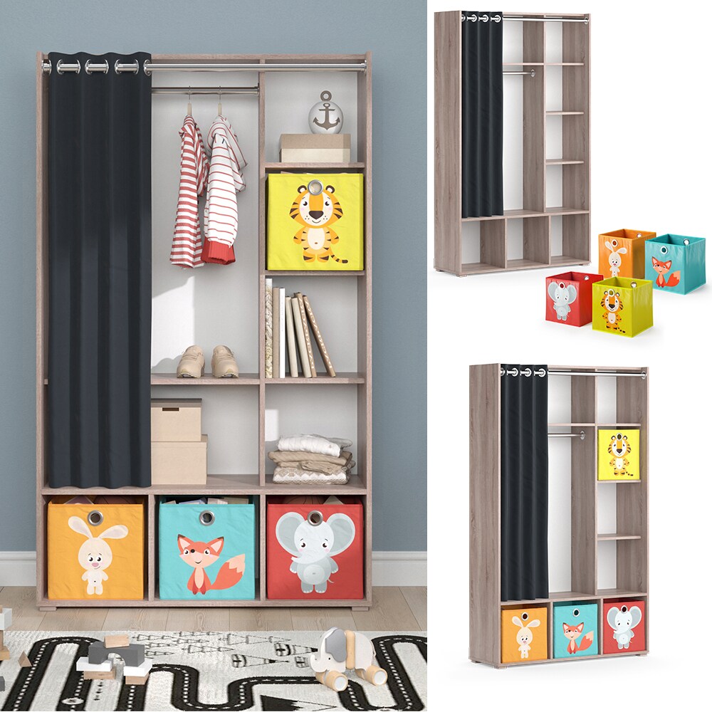 Vicco Kinderkleiderschrank Kinderzimmerschrank Kindergarderobe Luigi Sonoma Faltbox 106 x 178 cm modern Schrankregal Jugendzimmerschrank Organizer Vorhang Kleiderstange F&auml;cher Aufbewahrung Spielzeugablage - Bild 1