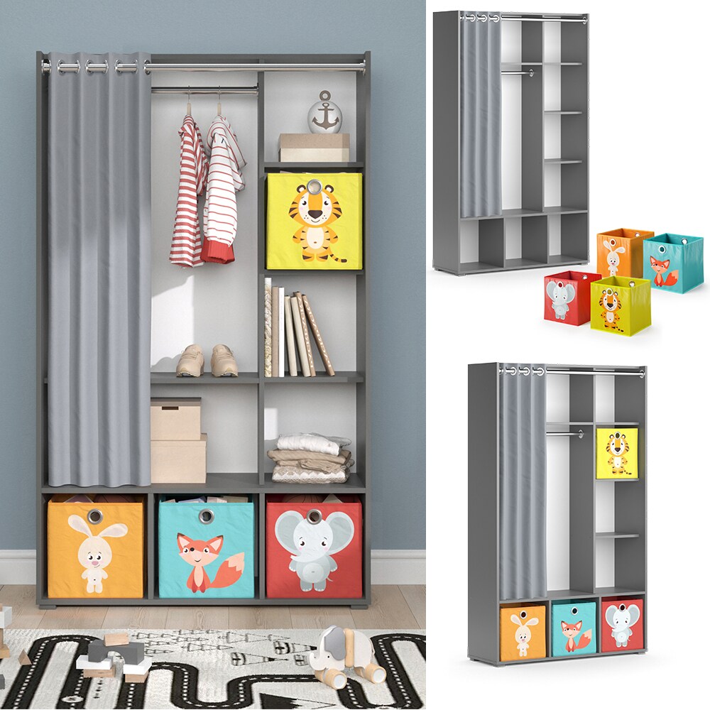 Vicco Kinderkleiderschrank Kinderzimmerschrank Kindergarderobe Luigi Grau Faltbox 106 x 178 cm modern Schrankregal Jugendzimmerschrank Organizer Vorhang Kleiderstange Fächer Aufbewahrung Spielzeugablage